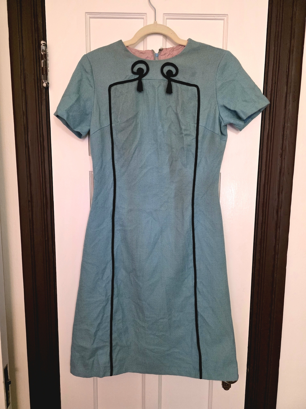 Vintage Light Blue A-Line Dress with Black Piping Trim